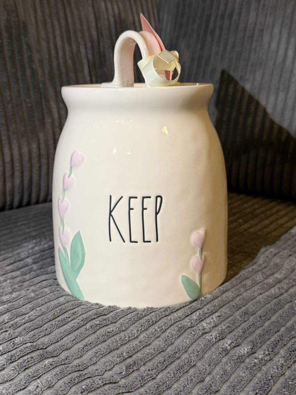 Rae Dunn White Ceramic 'KEEP' Canister with Pastel Heart Shaped Floral Accents
